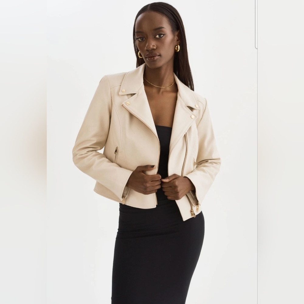 LA MARQUE Kelsey Gold Leather Biker Jacket In Bone S